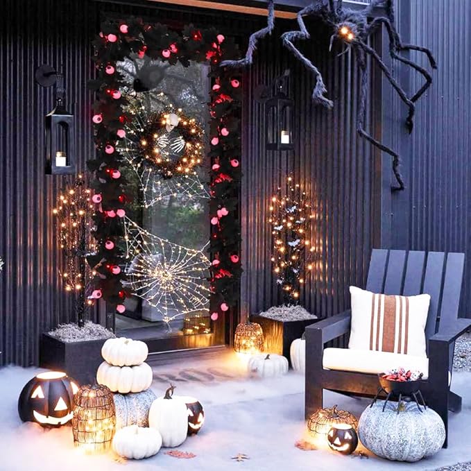 Black Garland with Red Eyes Lights Black Leaves Vine Fall Decor Artificial Autumn Garland Halloween Garlands for Indoor Outdoor Thanksgiving Home Fireplace Dinner Autumn Party(Red Eyes)