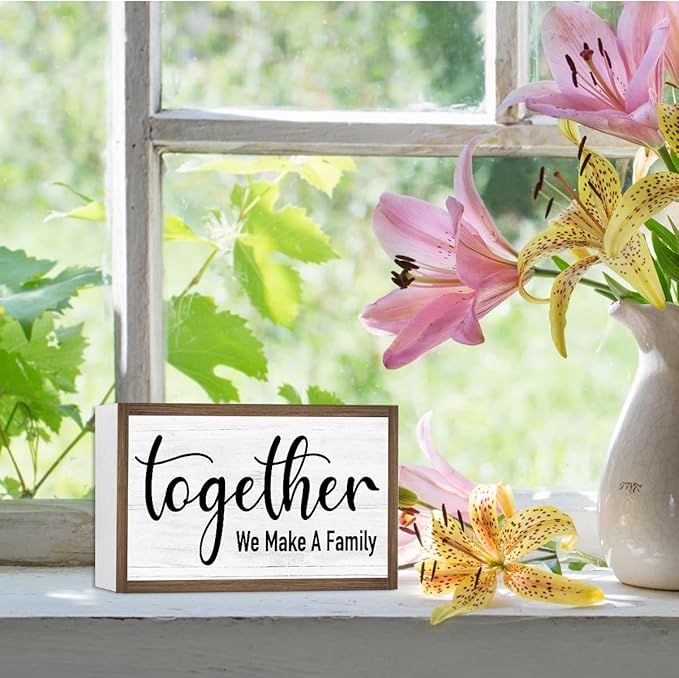 Together We Make a Family Wooden Box Sign Desk Decor,Rustic Family Saying Wood Block Sign for Home Farmhouse Bedroom Shelf Tabletop Wall Decor