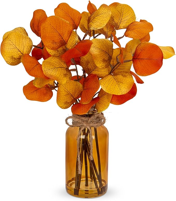 Briful Artificial Eucalyptus Stems in Amber Glass Vase with Faux Water, 14" Fake Fall Plant Autumn Leaves for Home Farmhouse Wedding Centerpiece Bathroom Décor