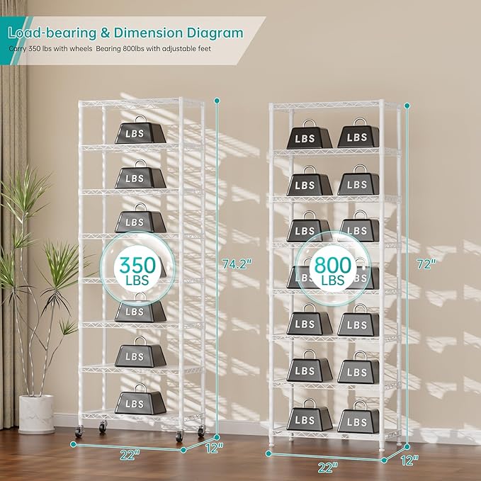 SINGAYE 8 Tier Shelf Organizer Storage Metal Shelves Garage Wire Shelving Unit Pantry Rack Adjustable Standing Storage for Kitchen Closet Laundry Bathroom Pantry 12" D x 22" W x 74" H White