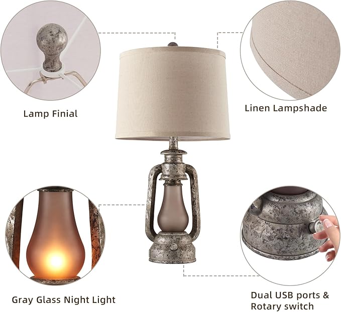 RORIANO Farmhouse Rustic Table Lamps for Living Room Set of 2,Vintage Lantern Table Lamp with Dual USB Ports, 25" Tall Retro Bedside Lamp for Bedroom Nightstand, 4 Bulb Included (Iron Gray)