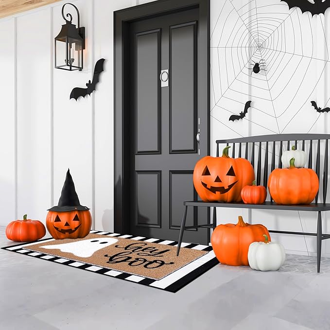 2 Pcs Halloween Doormat Hey Boo Ghost Outdoor Welcome Mats for Front Door Non Slip Ghost Coir Floor Mat Black White Stripe Halloween Rug for Outside Front Porch Entryway Decor