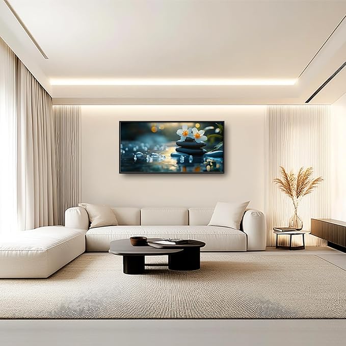 Zen Framed Wall Art for Living Room, Large Lotus Canvas Wall Decor, Stones in Water Landscape Pictures Painting, Modern Artwork for Spa Bathroom Bedroom 60L'' × 30W''