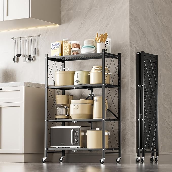 HealSmart 4-Tier Heavy Duty Foldable Metal Rack Storage Shelving Unit with Wheels Moving Easily Organizer Shelves Great for Garage Kitchen, Black