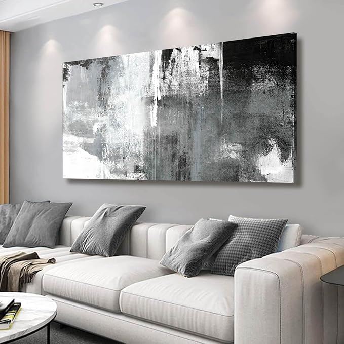 Kureful Black And White Wall Paintings Abstract Wall Decorations Canvas Prints Poster Wall Art 24”x48” Home Decor Grey Artwork Painting Pictures for Living Room Dinning Room