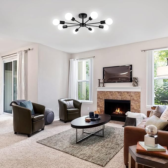 23.62'' Semi Flush Mount Ceiling Light, 8-Lights Modern Chandelier Black Living Room Light, Sputnik Light Fixtures Chandelier for Bedroom Kitchen Study Office