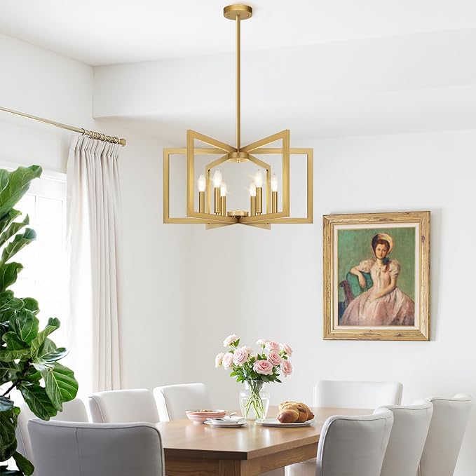 25" Modern Gold Chandelier for Dining Room (6-Light, 25-Inch), Geometric Gold Dining Room Light Fixture Over Table, Industrial Metal Hanging Pendant Lights for Kitchen Island, Entryway, Foyer