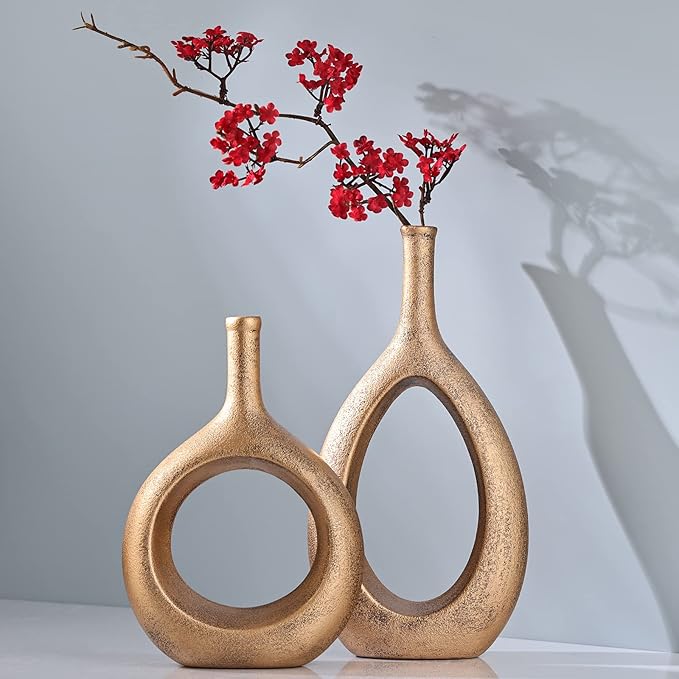 Gold Ceramic Hollow Elliptical Vase Set of 2 - Boho Circle Vase with Hole, for Modern Gold Table Decor, Living Room Decor Shelf mid Century Modern Home Entrance Decorative vase