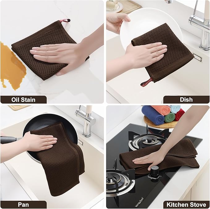 Homaxy 100% Cotton Kitchen Towels and Dishcloths Set, 12 x 12 Inches and 13 x 28 Inches, Set of 12 Bulk Kitchen Towels Set, Ultra Soft Absorbent Dish Cloths for Washing Dishes, Dark Brown
