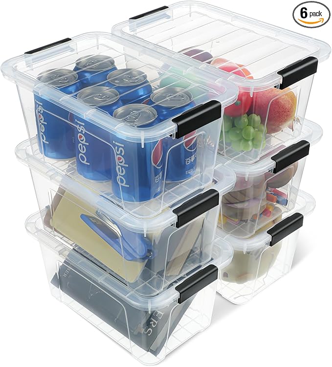 Plastic Storage Bins with Lids 6 Pack, 7 Quart Storage Containers With Black Buckle Latch, Stackable Storage Organizers for Home Pantry Office Classroom Organization, Clear