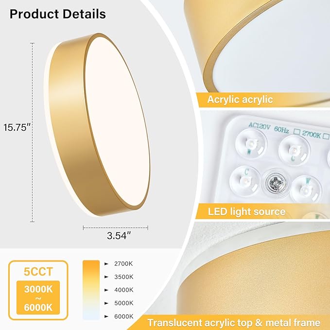 Dimmable Gold LED Large Flush Mount Ceiling Light, 5CCT 2700K-6000K Ceiling Light Fixture,Modern Round Metal Ceiling Lamp for Bedroom, Kitchen, Living Room 36W- 15.7in