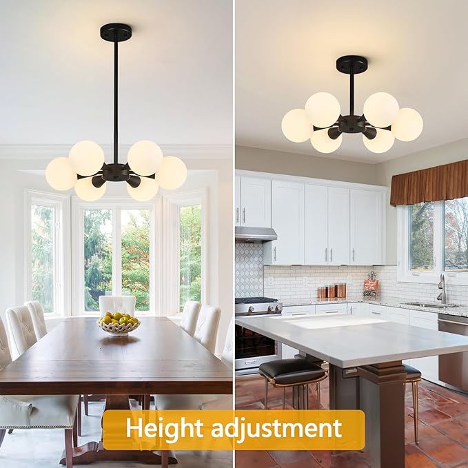 Modern Ceiling Light with Milk White Glass lampshade Black Semi Flush Mount Ceiling Light Fixture Sputnik Chandelier for Bedroom Living Room Dining Room Foyer Hallway(6-Lights)