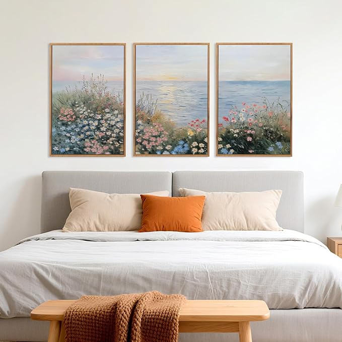 CHDITB Coastal Wildflowers Framed Canvas Wall Art Set, Coastal Floral Nursery Wall Decor, Seaside Sunset Artwork Spiritual Painting, Vintage Beach Art Prints For Living Room, Bedroom, Office 24"x36”x3