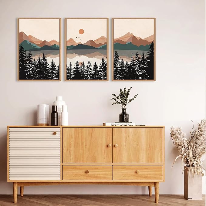 KAIRNE Boho Mountain Wall Art Set of 3-24x36 Inch Framed Canvas Prints, Mountain Lake Sunrise Landscape with Pine Trees, Mid Century Modern Nature Decor for Living Room, Bedroom, Home Office