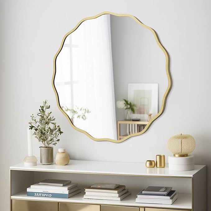 WallBeyond Round Wavy Mirror for Wall Decorative 28 inch, Modern Round Mirror Aluminum Frame for Bathroom Bedroom Living Room Home House Office Entryway, Gold