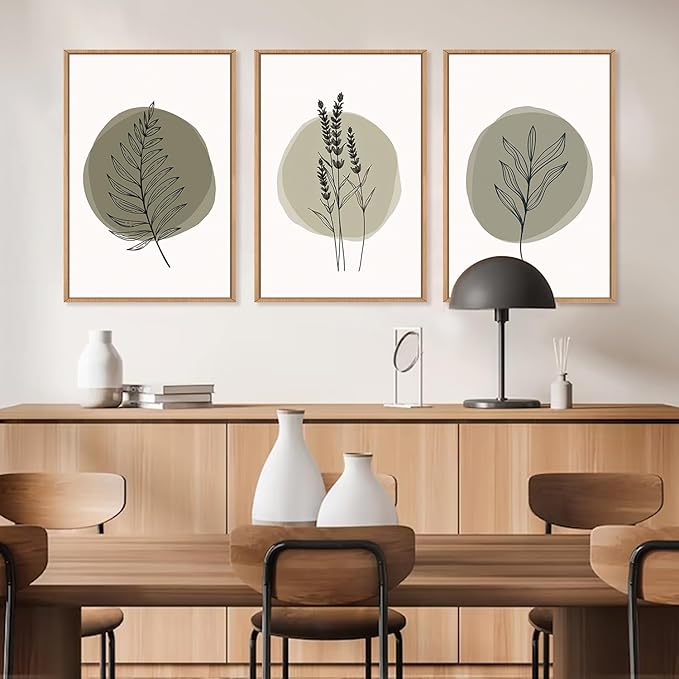 HOURIA Sage Green Leaves Framed Canvas Wall Art Set,Minimalism Boho Leaf Wall Decor, Modern Nature Botanical Wall Painting,Mid Century Plant Art Prints for Living Room,Bedroom,Farmhouse-24 x36 x3
