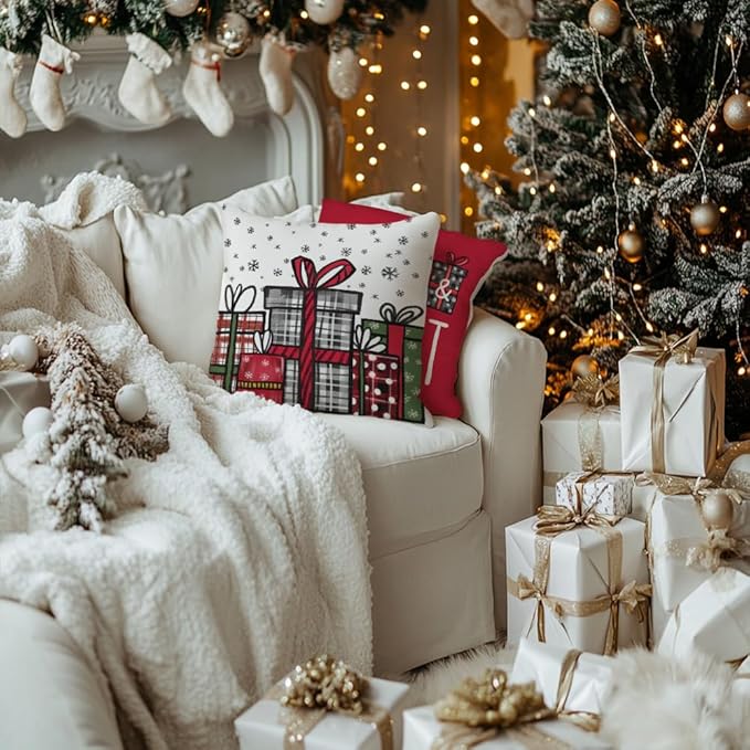 GEEORY Christmas Pillow Covers 18x18 Inch Set of 4, Snowflake Xmas Tree Present Merry Bright Holiday Decor Decorative Cushion Cases Winter Decoration for Home G401N-18