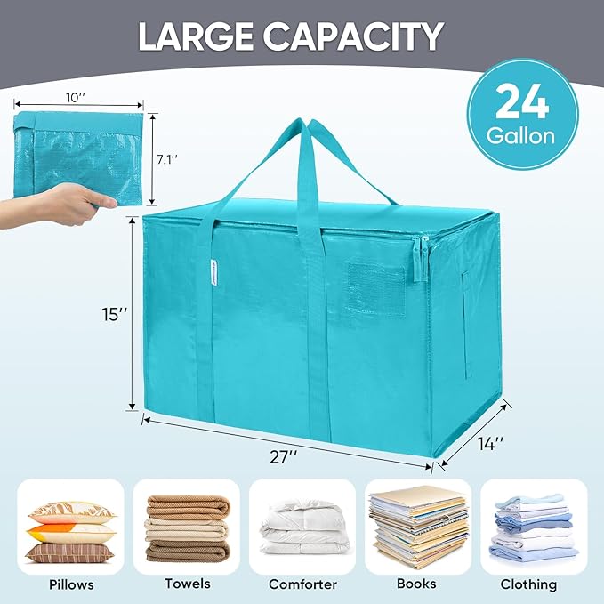 TICONN 4 Pack Extra Large Moving Bags with Zippers & Carrying Handles, Heavy-Duty Storage Tote Moving Boxes for Space Saving (4 Pack, Aqua)
