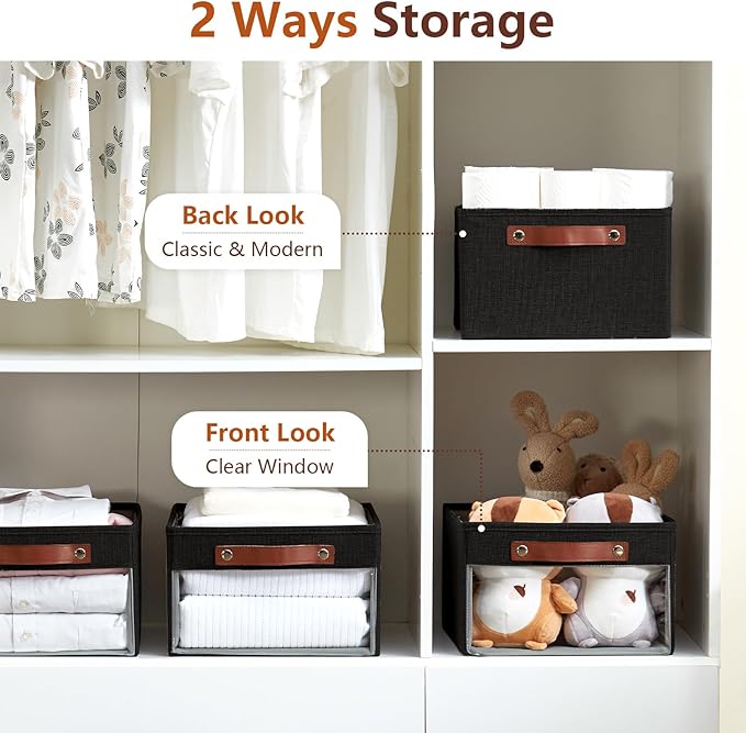 Medium Storage Baskets with Clear Window, See Through Closet Organizer with PU Handles, Linen Foldable Storage Bins for Organizing Clothes, Toys, Books (Black)