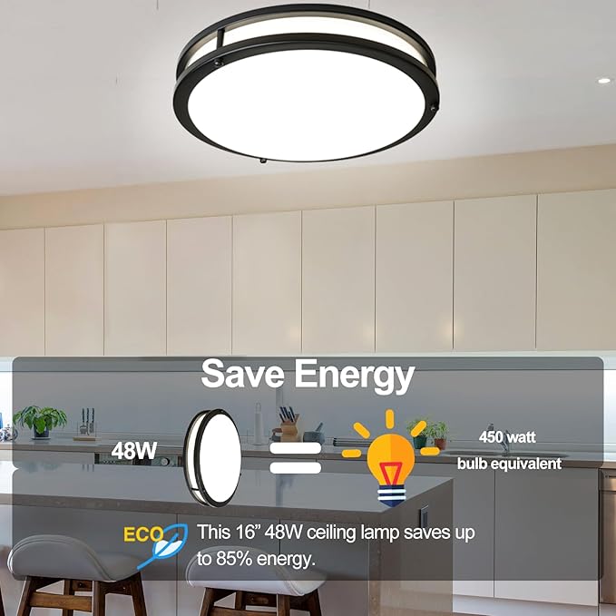 OOWOLF 16inch 48W LED Flush Mount Ceiling Light Fixture Dimmable, Super Bright Brushed Nickel Ceiling Light 4800LM 5000K Daylight White 480W Equivalent, Ceiling Lamp for Bedroom, Kitchen, 2-Pack