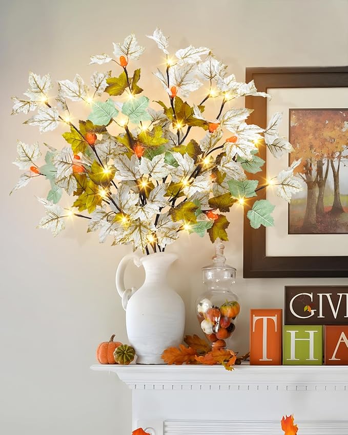 3 Pack Artificial Fall Maple Leaves Stems with 15 Acorn 60 LED Lights Battery Operated Lighted Autumn Maple Branches for Vases Fall Home Thanksgiving Table Decoration