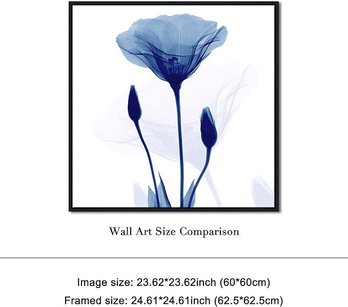 Pyradecor Large Black Framed Canvas Wall Art Abstract Blue Flickering Flower Modern Grace Floral Pictures Paintings Artwork for Bedroom Office Home Decorations