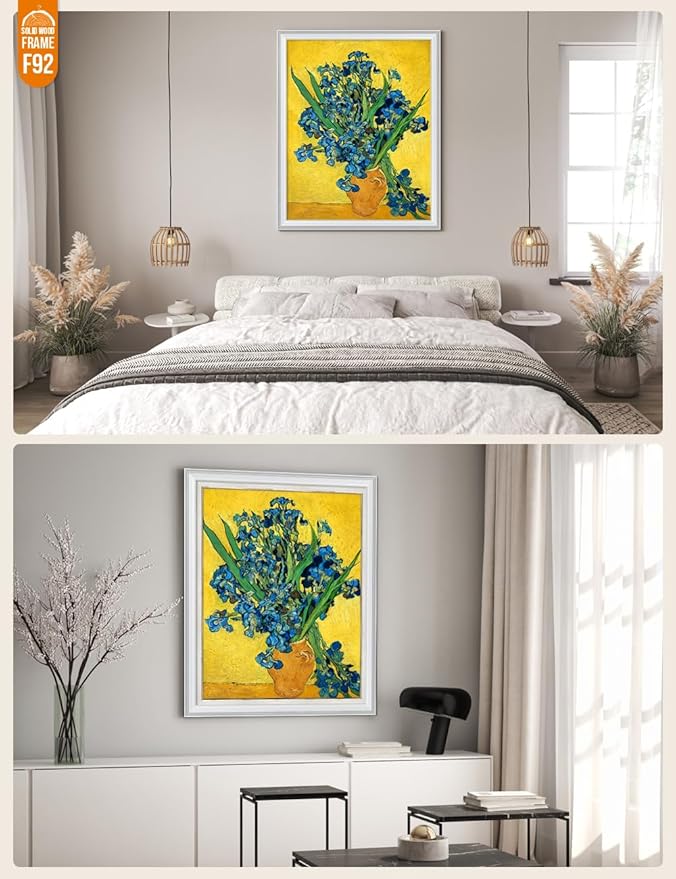 DECORARTS - Irises Vase Flower, Vincent Van Gogh Art Reproduction. Acid Free Cotton Canvas Giclee Print w/Bronze Frame&Mat for Wall Decor.