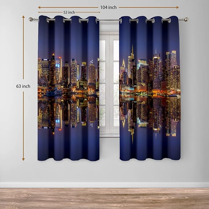 Jekeno City Landscape Blackout Curtains New York Manhattan Midnight Cityscape Ocean Reflection by The Coast Scenery Urban Decor for Bedroom Living Room Grommet Window Drapes 2 Panel Set, 52"x63"