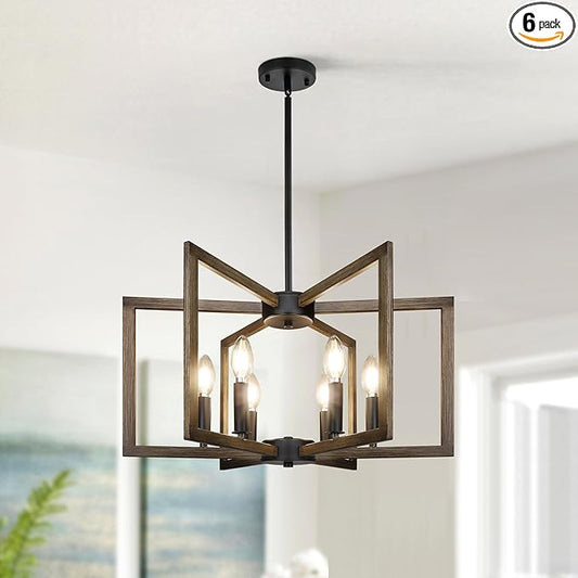 6-Light Kitchen Island Pendant Lights，Modern Farmhouse Kitchen Ideas Light Fixture，Industrial Hanging Chandelier for Dining Room，Wood Grain Finish and Black Chandelier for Foyer