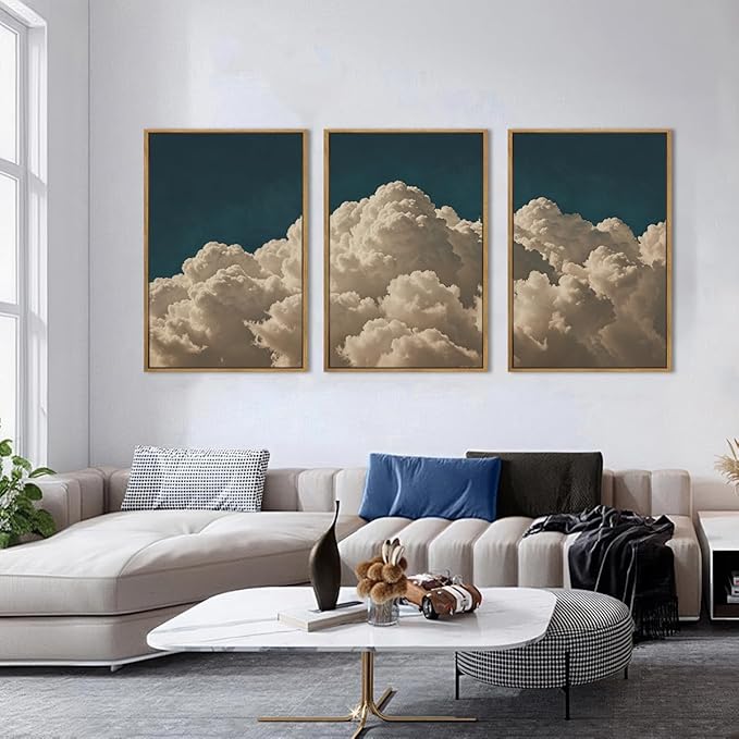 IARTTOP Extra Large Cloud Canvas Wall Art 24x36 Inch Framed Abstract Modern Landscape Wall Decor Navy Blue Sky Painting Set of 3 for Bedroom Living room