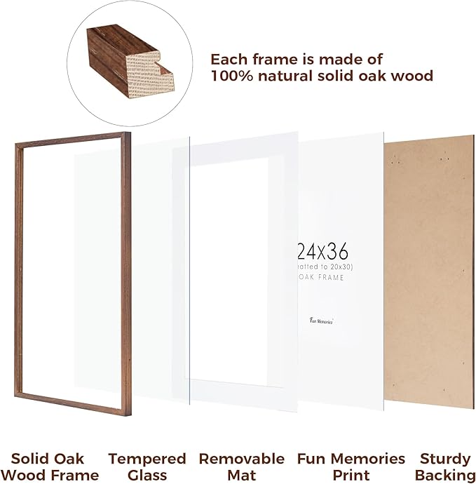 24x36 Picture Frame, 24x36 Poster Frame - Solid Oak Wood & Tempered Real Glass, Large 24 x 36 Frame for Wall, Rustic Wooden 24 by 36 Frame, 24x36 Frame with Mat for 20x30, Walnut Color