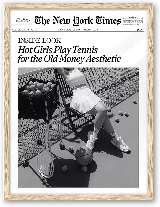 iHery Natural OAK Wood Trendy New York Newspaper Framed Wall Art, 12x16 in Hot Girl Tennis Old Money Aesthetic Vintage Headline Canvas Girl Print, Beige Frame Logs, Home Décor Living Room Set of 1