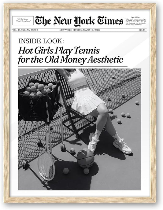 iHery Natural OAK Wood Trendy New York Newspaper Framed Wall Art, 12x16 in Hot Girl Tennis Old Money Aesthetic Vintage Headline Canvas Girl Print, Beige Frame Logs, Home Décor Living Room Set of 1