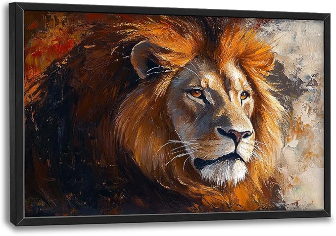 Lion Framed Wall Art for Living Room, Large Brown Lion Canvas Wall Decor, Wild Animal Pictures Painting, Modern Artwork for Bathroom Bedroom Office 36L'' × 24W''