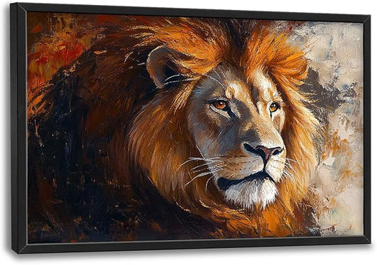 Lion Framed Wall Art for Living Room, Large Brown Lion Canvas Wall Decor, Wild Animal Pictures Painting, Modern Artwork for Bathroom Bedroom Office 36L'' × 24W''