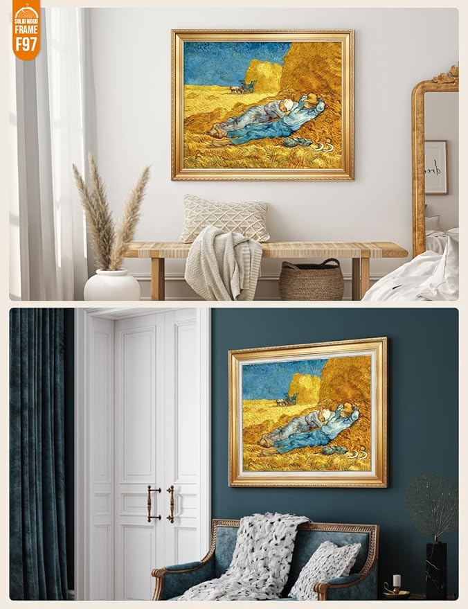DECORARTS - Noon: Rest from Work, Vincent Van Gogh Art Reproduction. Acid Free Cotton Canvas Giclee Print w/Bronze Frame&Mat for Wall Decor.