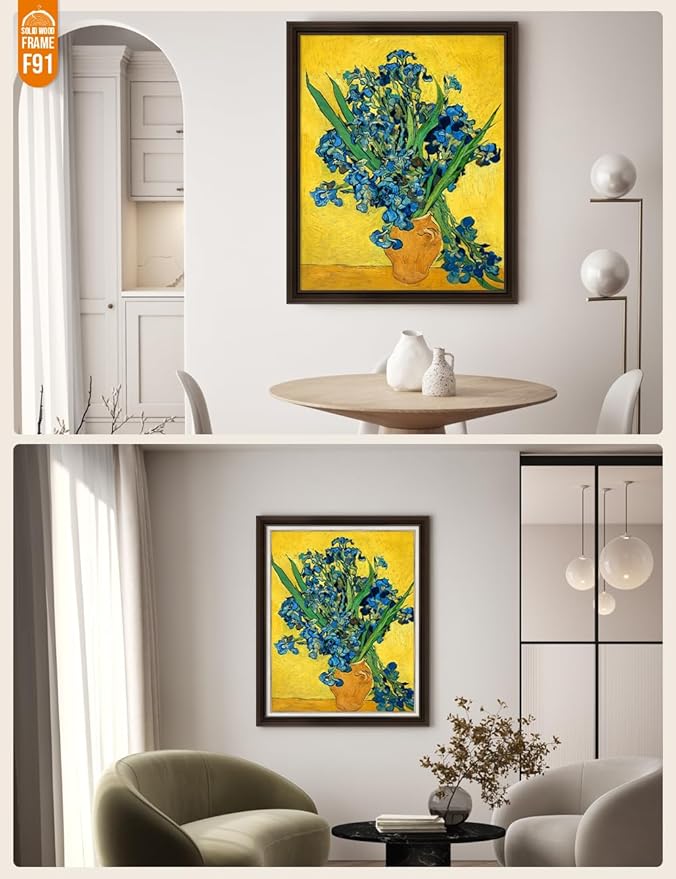 DECORARTS - Irises Vase Flower, Vincent Van Gogh Art Reproduction. Acid Free Cotton Canvas Giclee Print w/Bronze Frame&Mat for Wall Decor.