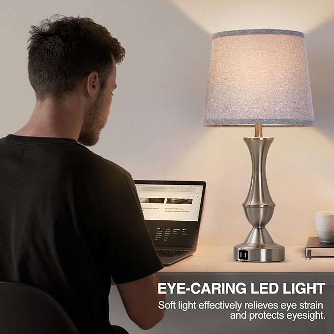 Touch Table Lamps Set of 2, 22" Tall Bedside Lamps, Nightstand Lamps with USB C+A Charging Ports, 3 Way Dimmable Lamp for Bedrooms, Living Room, Office, Silver Lamp with Grey Lampshade, Bulbs Included