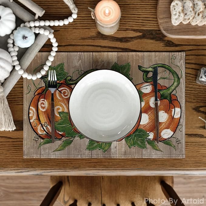 Artoid Mode Wood Polka Dot Pumpkins Fall Placemats Set of 6, 12x18 Inch Seasonal Table Mats for Table Runner Party Kitchen Dining Decoration
