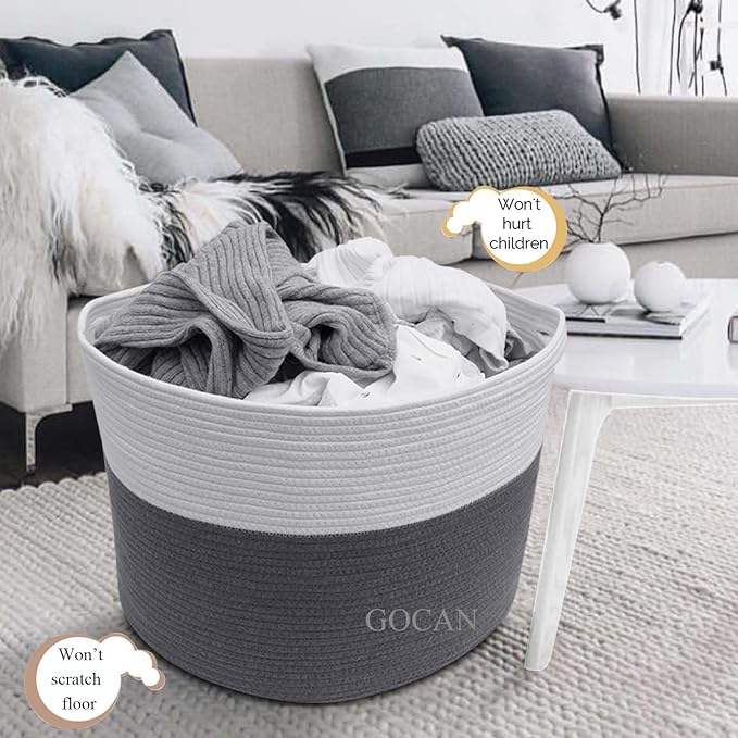 Extra Large Laundry Basket toy storage 22"X22"X14" blanket basket Cotton Rope Woven Baskets with Handles for Living Room (Grey/Beige) XXXL