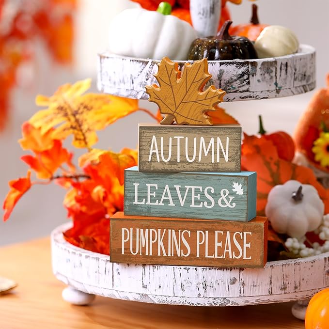 4 Pcs Fall Decor Fall Table Centerpiece Decorations Wooden Maple Leaf Autumn Tiered Tray Rustic Wood Maple Leaf Block Sign Thanksgiving Table Signs Farmhouse for Home Shelf