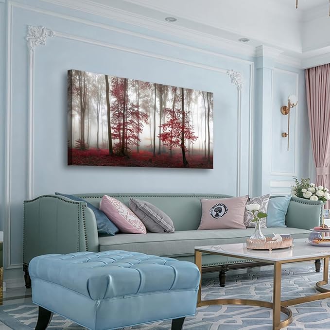 Misty Forest Pictures Canvas Wall Art for Living room Office Bedroom Wall Decor,Forest Wall Art Print Paintings Modern Nature Red Tree Artwork Waterproof Ready to Hang-28x57 inch