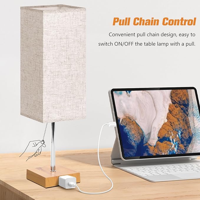 Table Lamp for Bedroom Set of 2, Bedside Lamps with 3 Color Temperatures Night Light, Lamp for Night Stands with AC Outlet and Square Shade, Pull Chain Small Desk Lamp for Living Room Home Decor