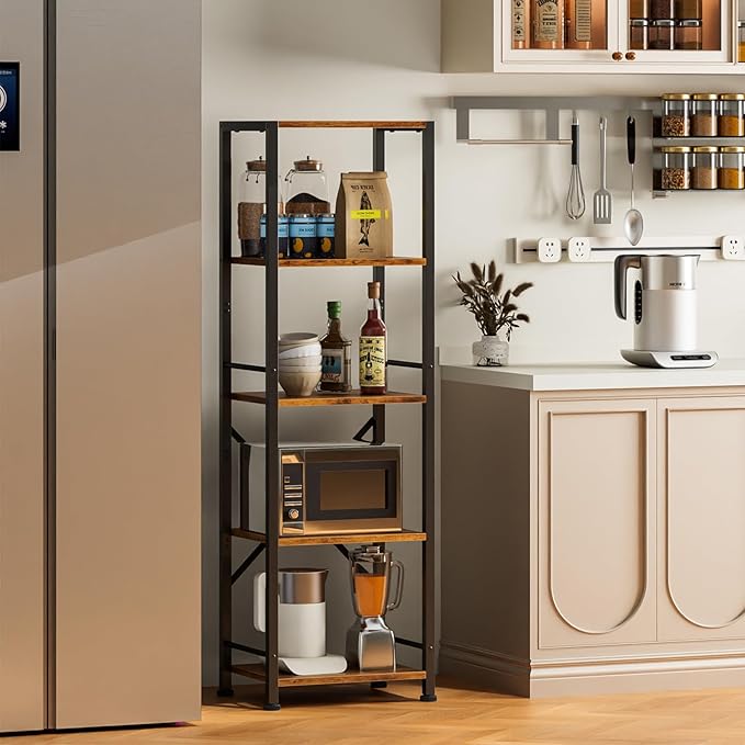 Furologee 5 Tier Tall Bookshelf, Rustic Narrow Bookcase, Display Standing Shelf Units, Metal and Wood Storage Shelves Organizer for Bedroom, Living Room, Home Office, Entryway, Kitchen, Rustic Brown