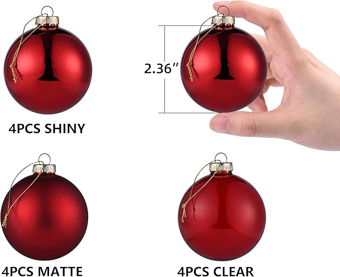 Red Ball Ornaments for Christmas Tree, Matte, Shiny, Clear Glass Ball Ornaments for Christmas Tree, 12Pcs Vintage Xmas Balls for Home Decoration, Thanksgiving, Party, DIY Gift