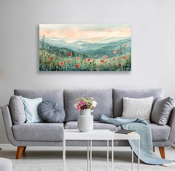 Tucai Decor Floral Landscape Canvas Wall Art 30 x 58 inches Poppies in Mountain Valley Home Decor Art Prints for Living Room Bedroom Office Ready to Hang