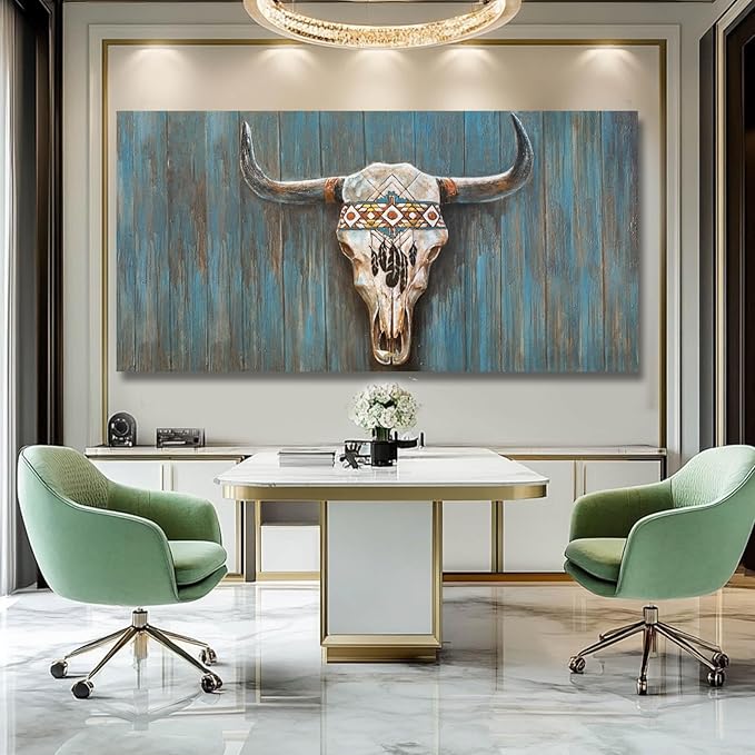 Cow Home Decor White and Blue Wall Art Modern Wall Decorations 29"x58" Large Artwork for Living Room Office Poster Printing