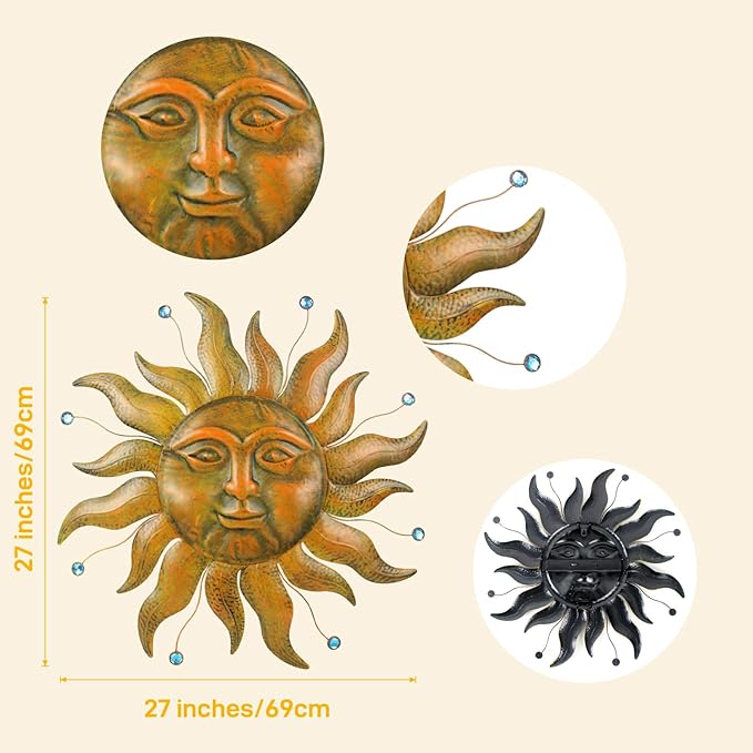 Sun Metal Wall Art, 3D Sun Face Large Wall Art for Living Room, Retro Gold Wall Hanging Decor, Brass Wall Sculptures with Blue Bead, 27 Inches Wall Decor for Garden Yard Patio Home