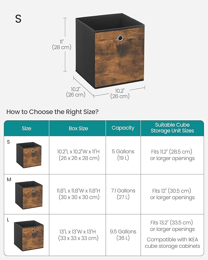 SONGMICS Storage Cubes, Set of 8 Storage Bins, Foldable Fabric Storage Boxes, 10.2 x 10.2 x 11 Inches, Fit Cube Storage Unit, for Clothes, Bedroom, Living Room, Rustic Brown and Ink Black URFB826B01