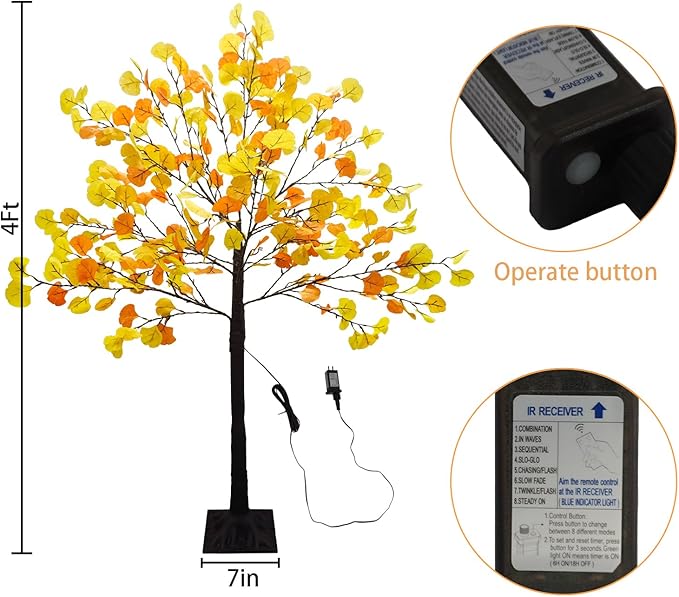 4 FT Prelit Fall Lighted Ginkgo Tree with 140 LEDs Timer Fall Tree with Lights & 8 Flashing Modes Autumn Decoration for Home Wedding Indoor Outdoor Thanksgiving Halloween Christmas Decor